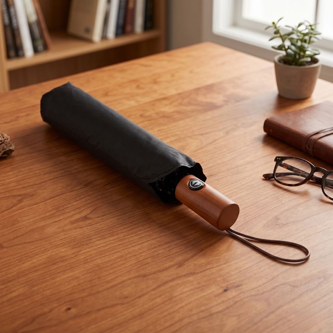 NertZ.in Heritage Umbrella, black with a wooden handle, on a wooden table