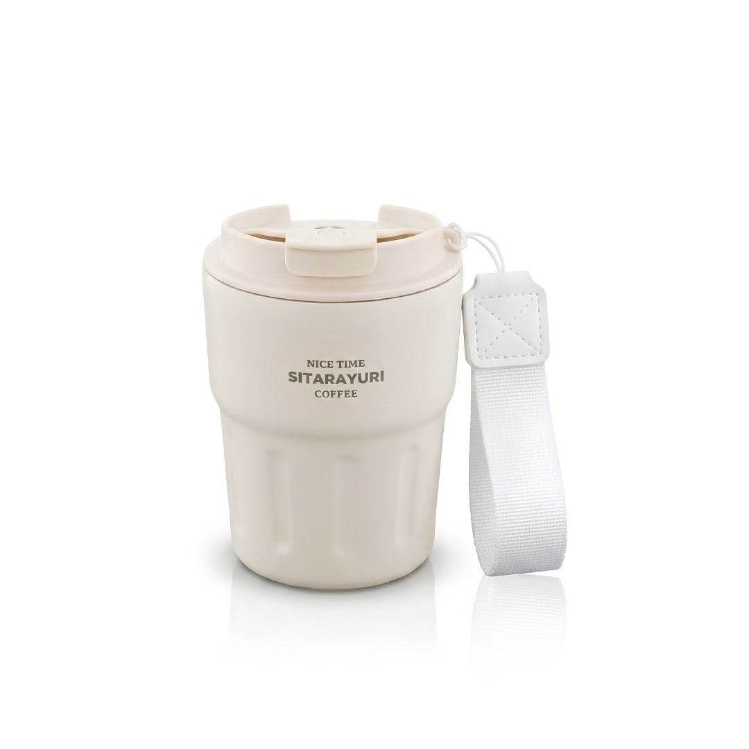 White Wander Grip Mug with grooved stainless steel body, fabric handle, and flip-top lid for spill-free sipping and insulation