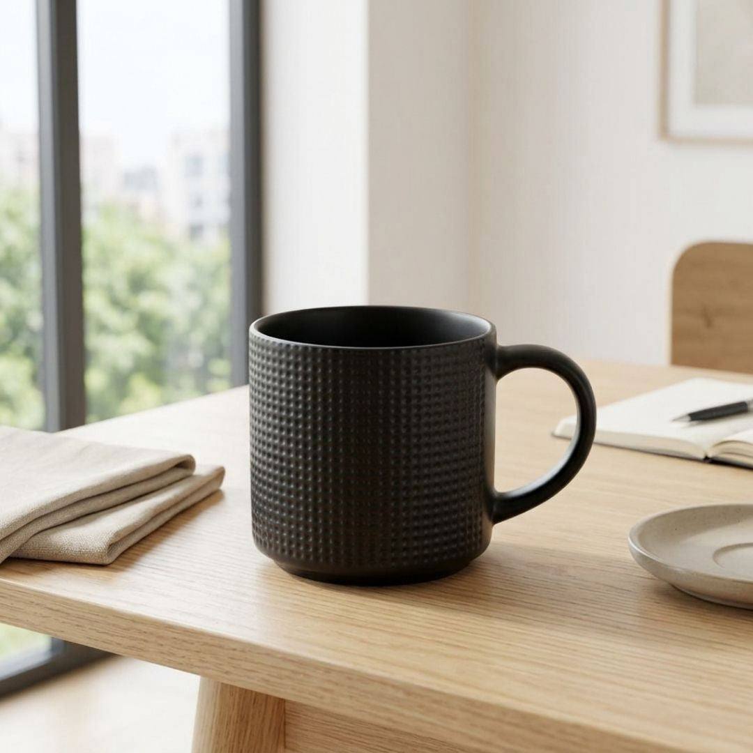 Two white and black porcelain Criss Cross Coffee Mugs with crisscross pattern, 490ml capacity, pack of 2