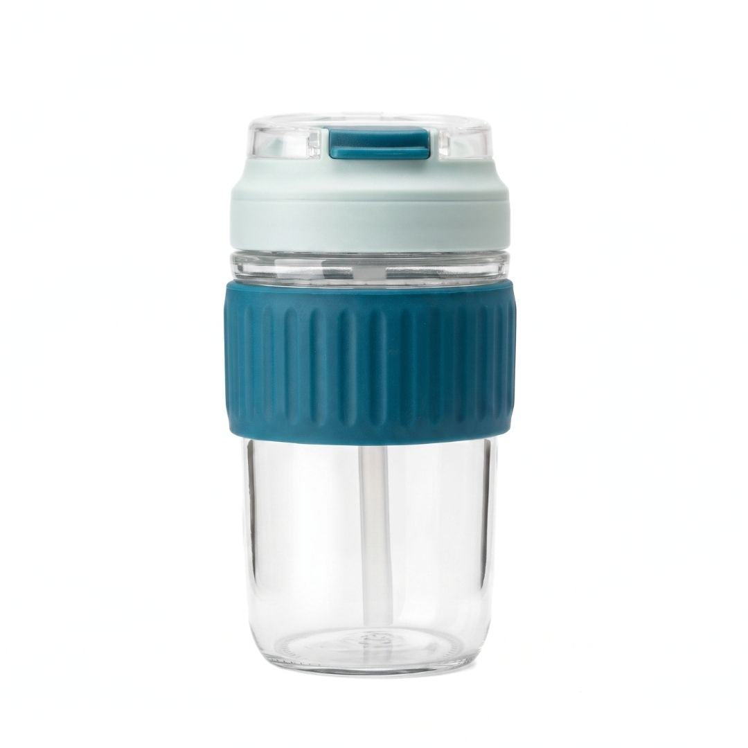 Nertz Crystal Grip Mug borosilicate glass with silicone grip sleeve and dual lids for hot and cold drinks