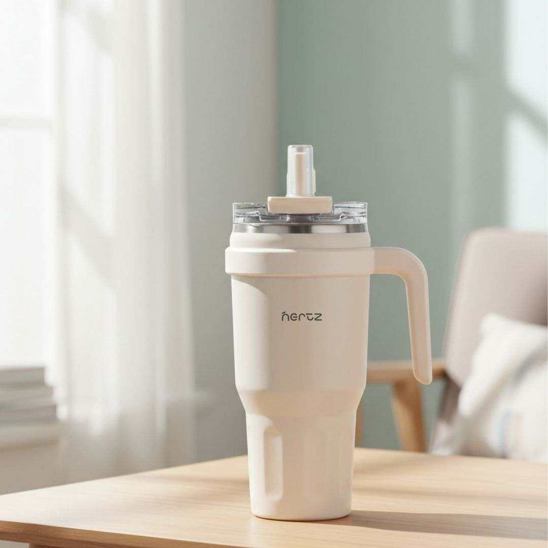Drive & Sip Pro stainless steel insulated water bottle with leak-proof lid and carry handle in white