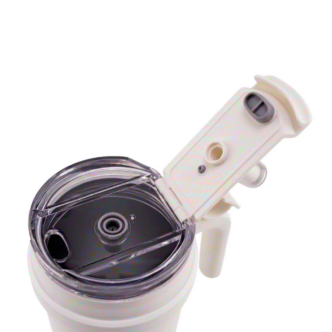 Drive & Sip Pro white stainless steel insulated water bottle with carry handle and dual lids for hot or cold drinks