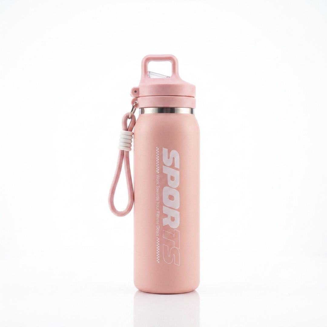 Nertz Active 600ml stainless steel insulated water bottle with flip-open lid and fabric loop handle