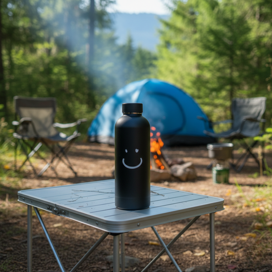NertZ.in Midnight Hydra bottle with a smiley face on a table at a campsite