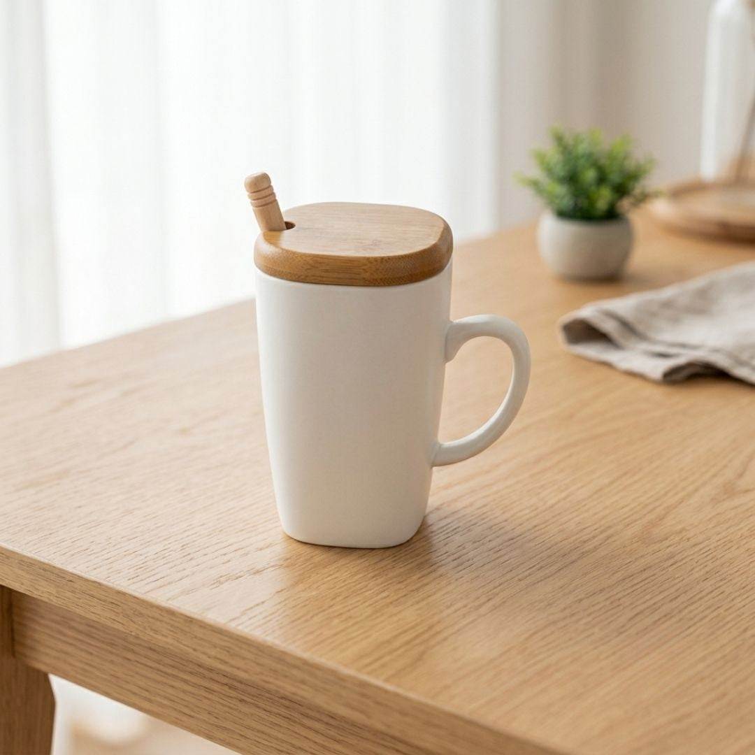 White porcelain coffee mug with bamboo lid and steel spoon for Bamboo Brew