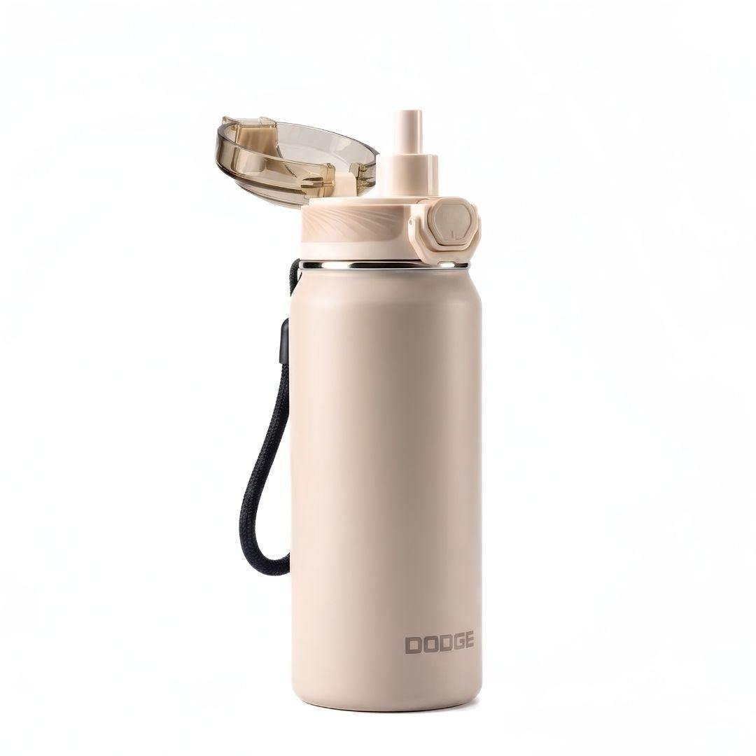 Dodge Chill 700 stainless steel vacuum insulated water bottle with leak-proof flip lid and fabric handle in black and beige