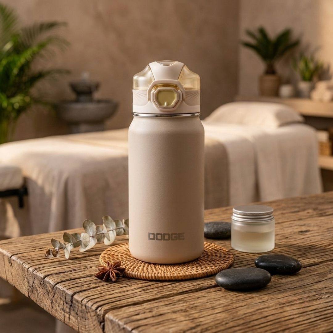 Dodge Chill 500 stainless steel insulated bottle with double-wall vacuum insulation, leak-proof flip lid, safety lock, removable straw, and fabric loop handle in black and beige.