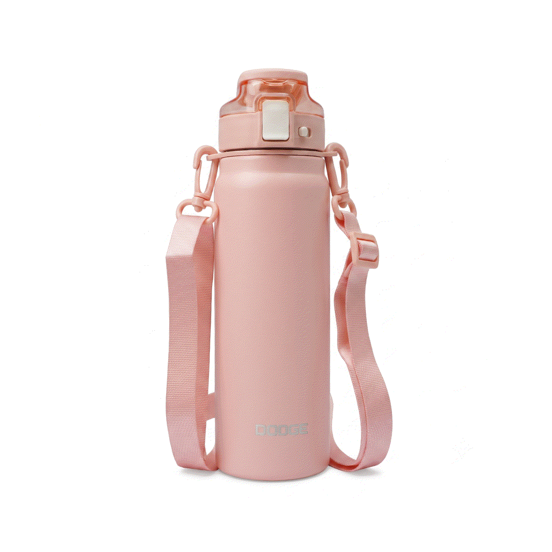 Dodge Blaze 800 stainless steel insulated water bottle with push-button flip lid and detachable sling strap in white and dark grey colors