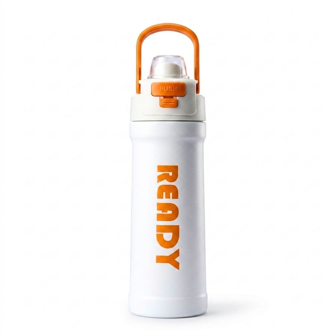 ReadyFlow bottle black and white stainless steel with flip-top lid and carry loop for gym and travel hydration