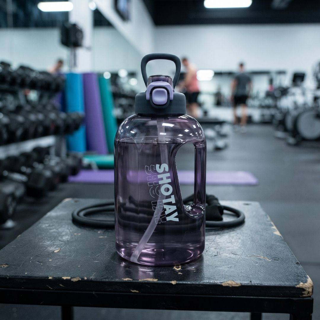 Nertz MegaGrip purple and white 2000ml gym water bottle with dual handles and flip-top lid