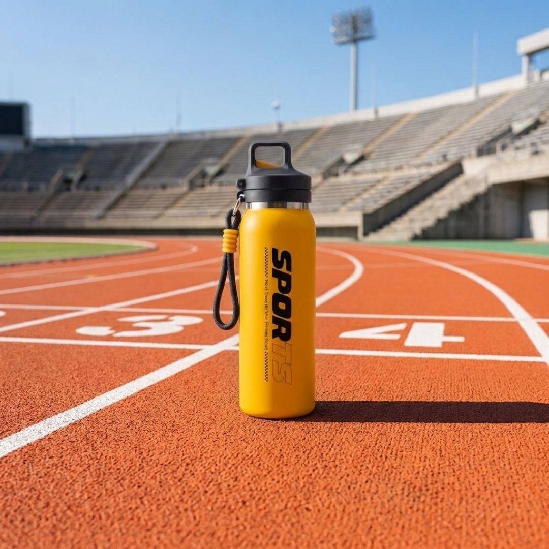 Nertz Active 600 ml stainless steel insulated water bottle with push-button flip lid and fabric loop handle in black, white, pink, and yellow colors.