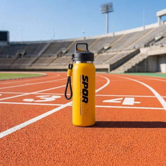 Nertz Active 600 ml stainless steel insulated water bottle with push-button flip lid and fabric loop handle in black, white, pink, and yellow colors.