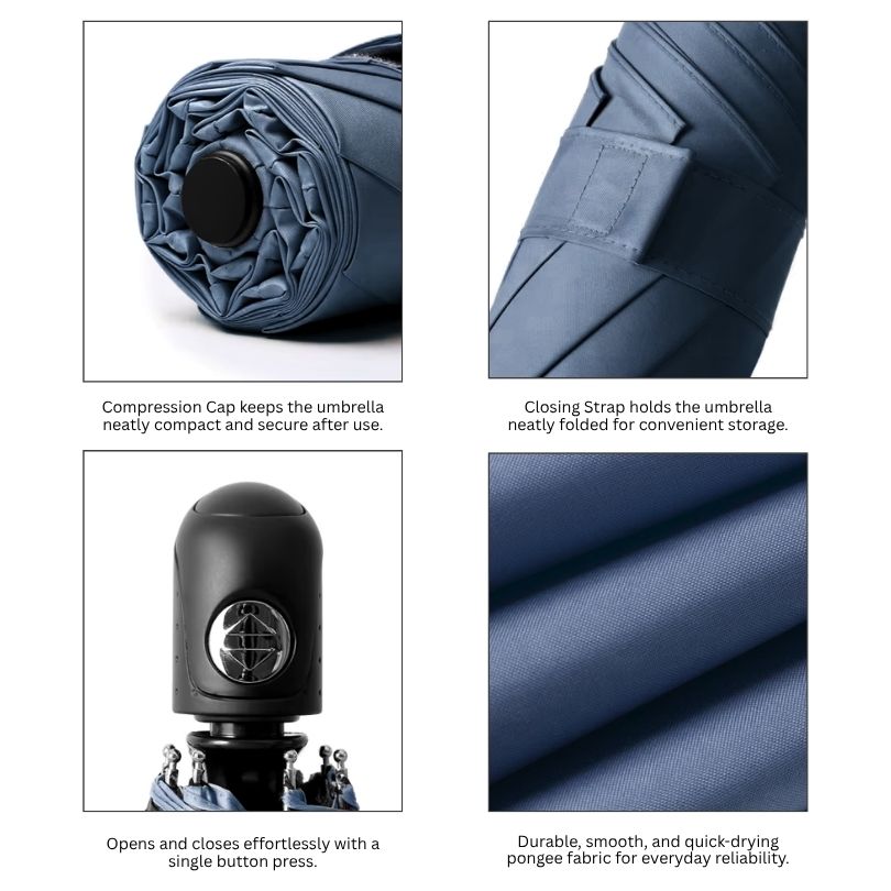 NertZ.in Rainloom umbrella features: compression cap, closing strap, button press handle, and pongee fabric