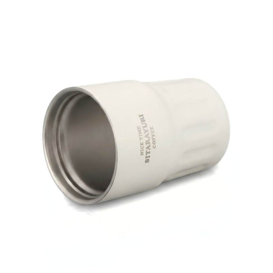 Wander Grip Mug with stainless steel body, grooved grip, flip-top lid, fabric handle, and double-wall insulation for hot and cold drinks.