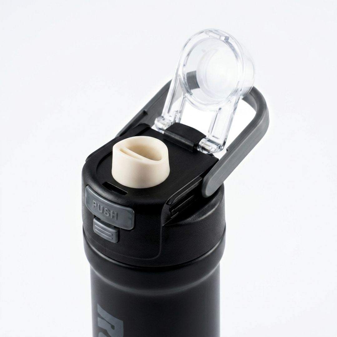 ReadyFlow bottle black and white stainless steel with flip-top lid and carry loop for gym and travel hydration