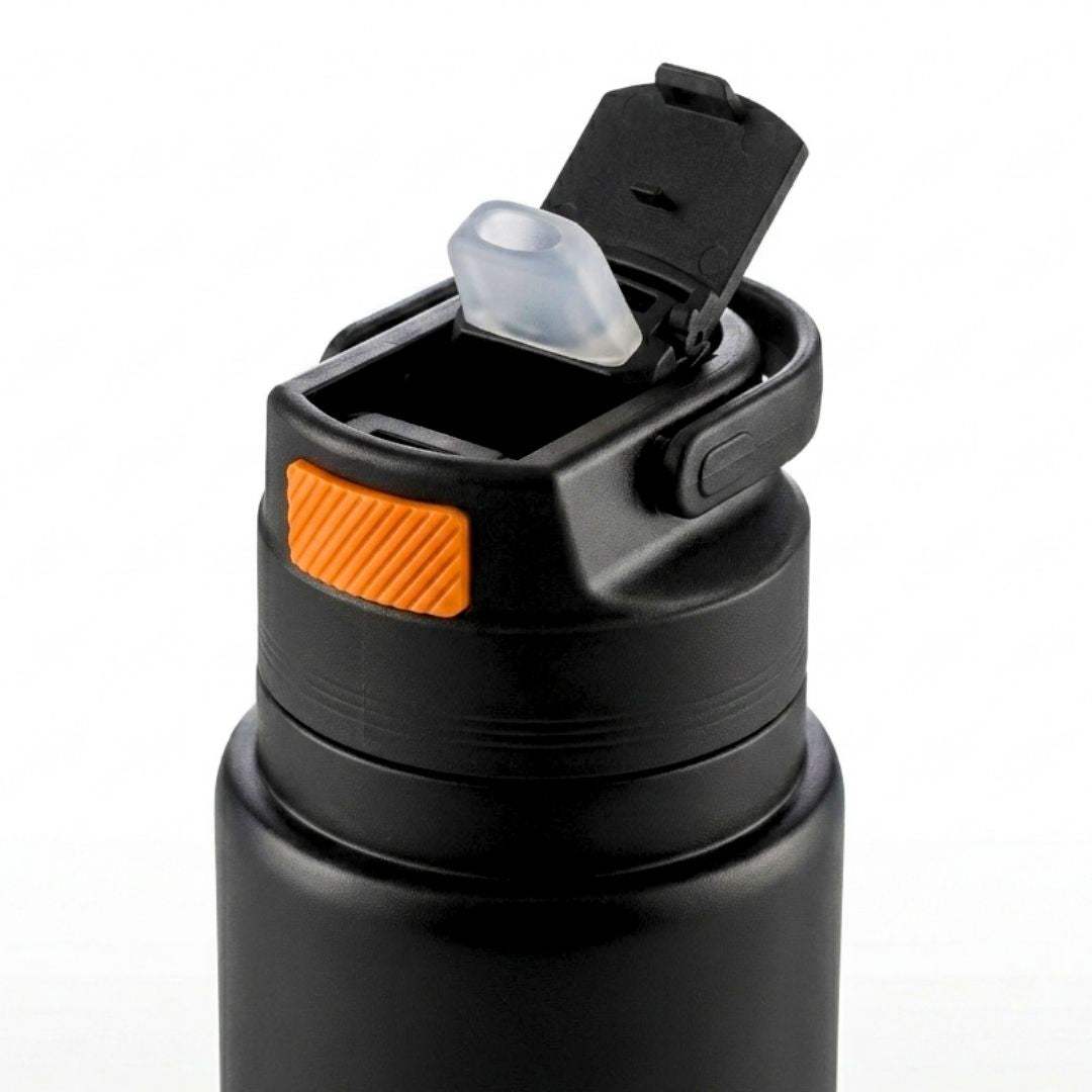 Nertz FlipSip 800 stainless steel insulated water bottle with flip-top lid and carry loop handle