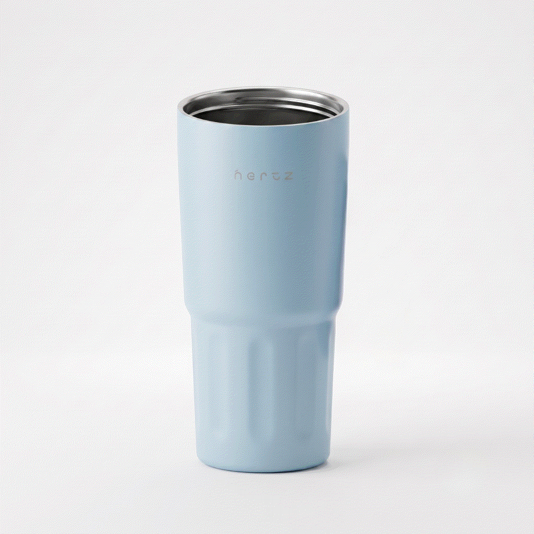 600 ml insulated stainless steel bottle with double-wall vacuum insulation, grooved grip, fabric loop handle, and two interchangeable lids in blue and white