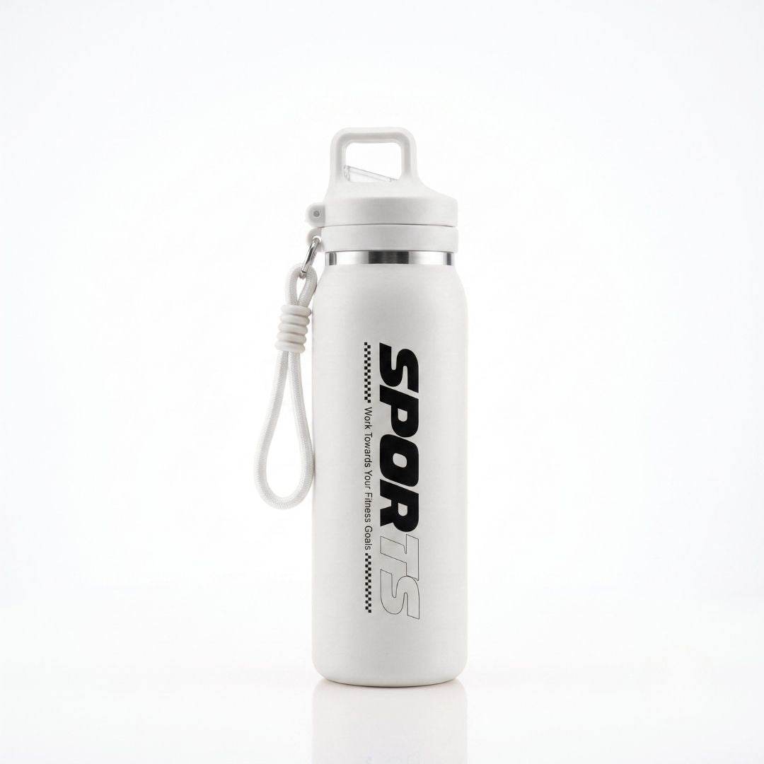 Nertz Active 600ml stainless steel insulated water bottle with flip-open lid and fabric loop handle in multiple colors