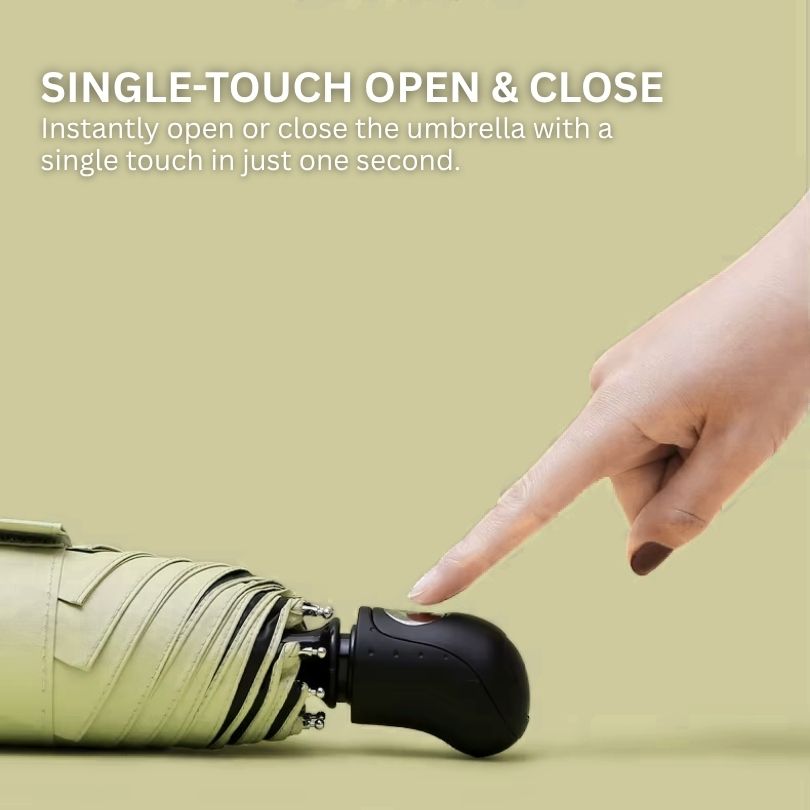 Hand pressing the single-touch open and close button on the NertZ.in Rainloom umbrella