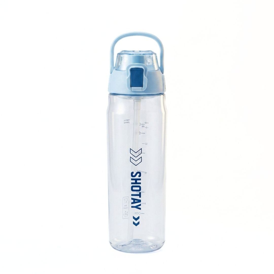 Nertz Aqua high-capacity water bottle with leak-proof flip-top lid and built-in strainer in grey and blue