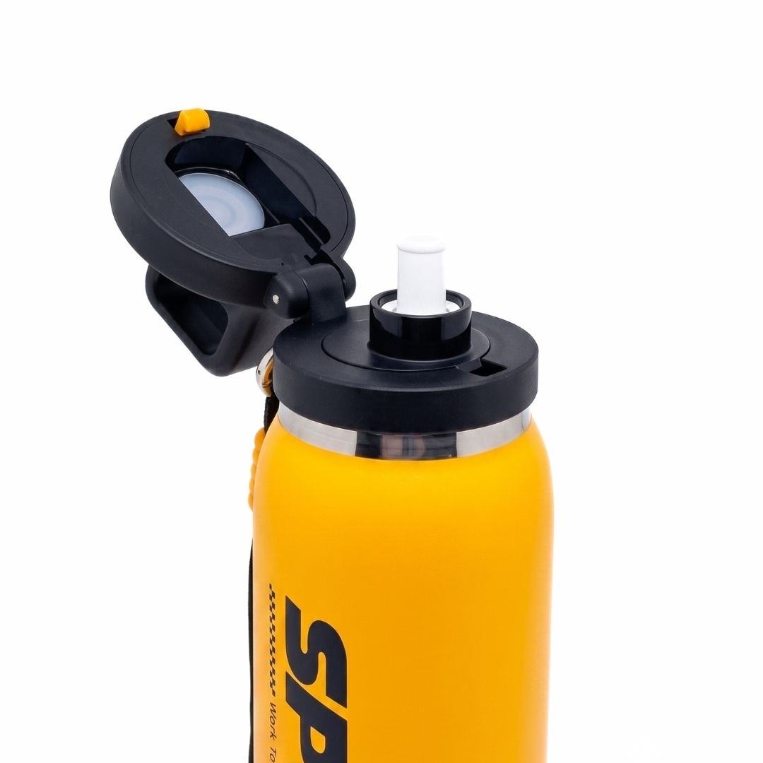 Nertz Active 600 ml stainless steel insulated water bottle with flip-open lid and fabric loop handle for sports and travel