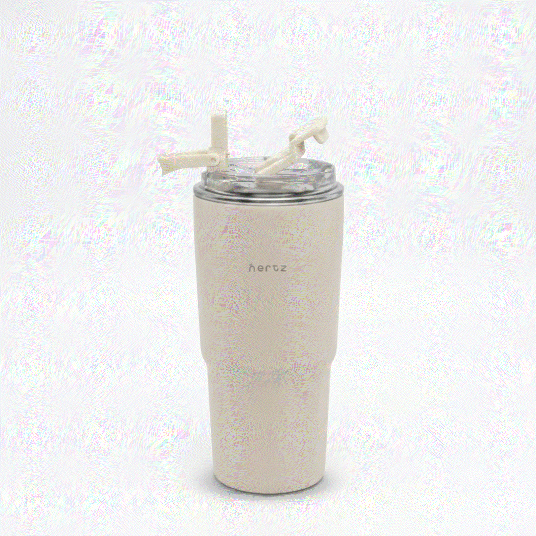 600 ml insulated stainless steel bottle with double-wall vacuum insulation and interchangeable lids in blue and white