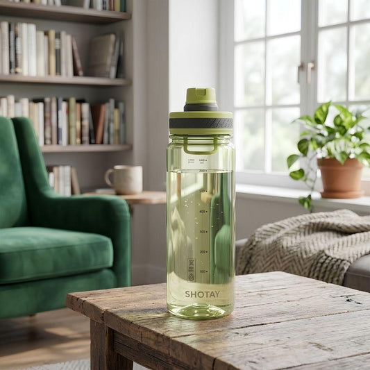 Nertz Sprint high-capacity water bottle with screw-top lid and built-in strainer in green and blue colors
