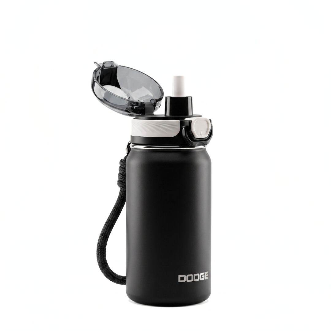 Dodge Chill 500 stainless steel insulated bottle with leak-proof push-button lid and fabric handle in black and beige.