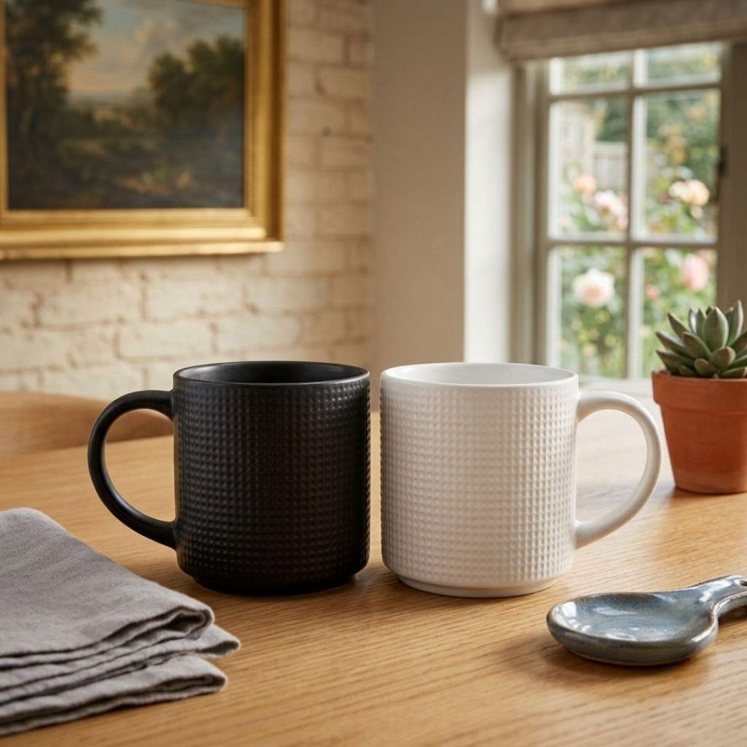 Two white porcelain criss cross coffee mugs combo pack with black patterns