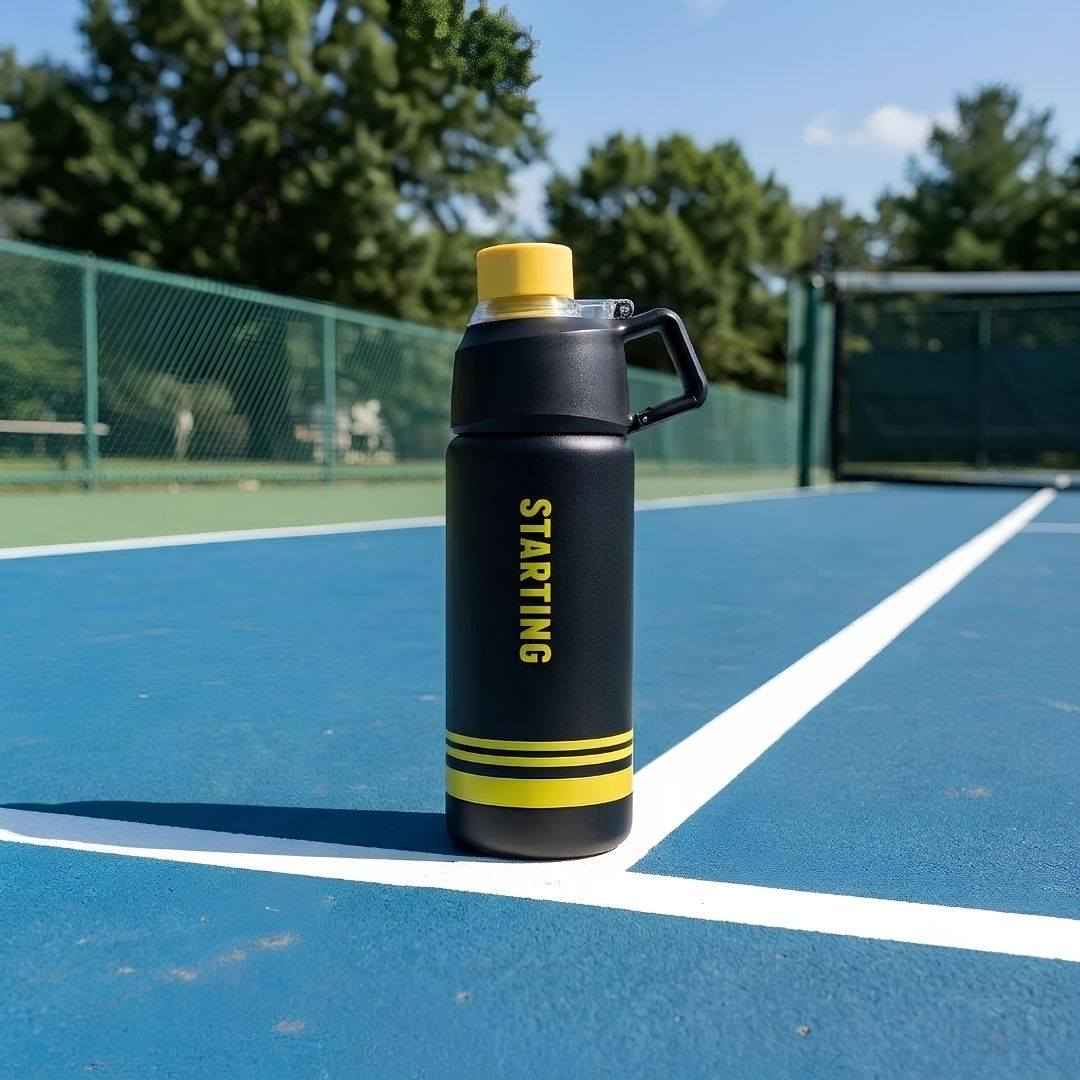 Nertz Solis insulated stainless steel bottle with double-wall vacuum insulation and ergonomic side handle for travel and sports hydration