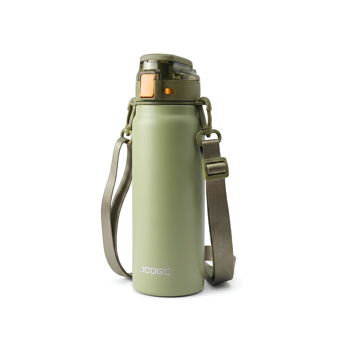Dodge Blaze 800 stainless steel insulated water bottle with push-button flip lid and detachable sling strap in white and dark grey colors