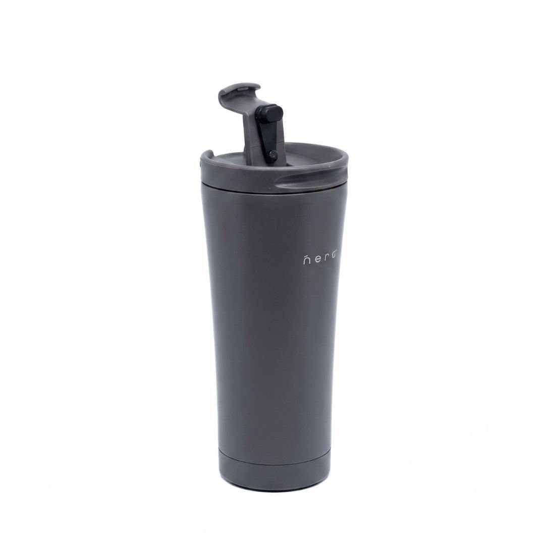 Nertz On the Go black stainless steel insulated tumbler with leak-proof lid for hot and cold drinks