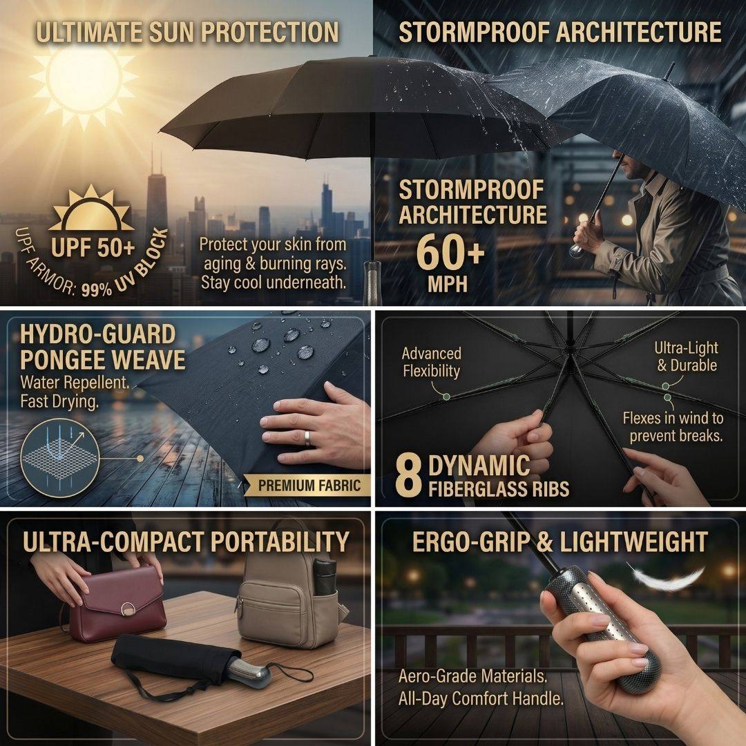 NertZ.in Cloudveil umbrella features: sun protection, stormproof, hydro-guard weave, fiberglass ribs, compact, ergo-grip
