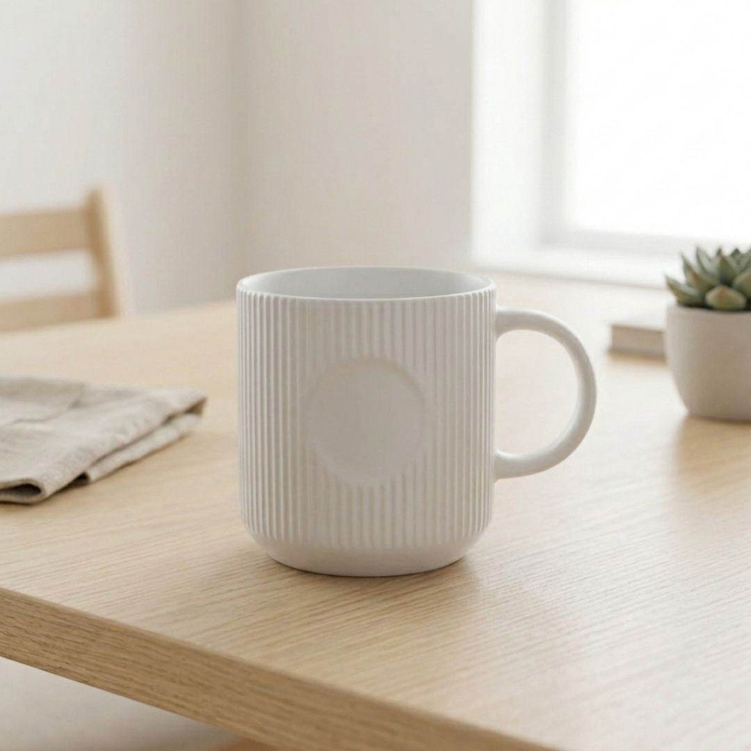 Linea Noir porcelain coffee mug with elegant vertical lines in black and white
