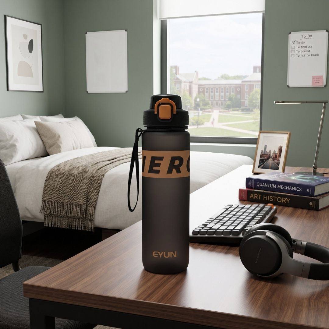 Nertz Flowmate water bottle with flip-top lid and fabric loop handle for easy, spill-proof hydration
