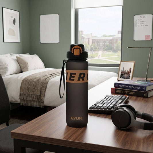 Nertz Flowmate water bottle with flip-top lid and fabric loop handle for easy, spill-proof hydration