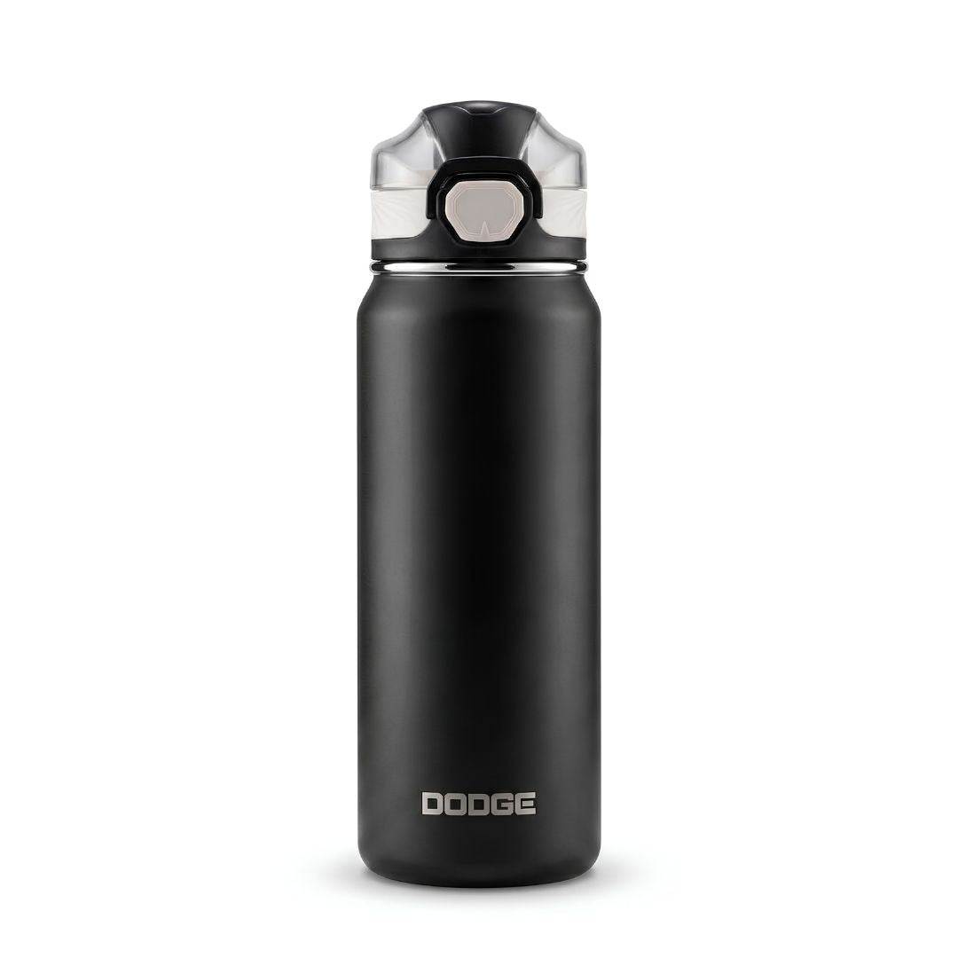 Dodge Chill 700 stainless steel vacuum insulated water bottle with leak-proof push-button lid and removable straw in black and beige.