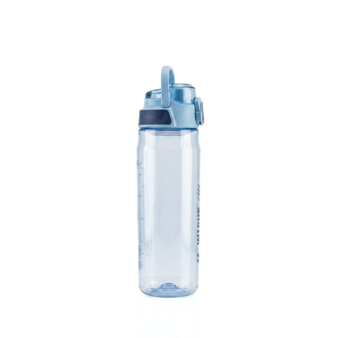 Nertz Aqua high-capacity water bottle with flip-top straw lid and built-in strainer in grey and blue colors