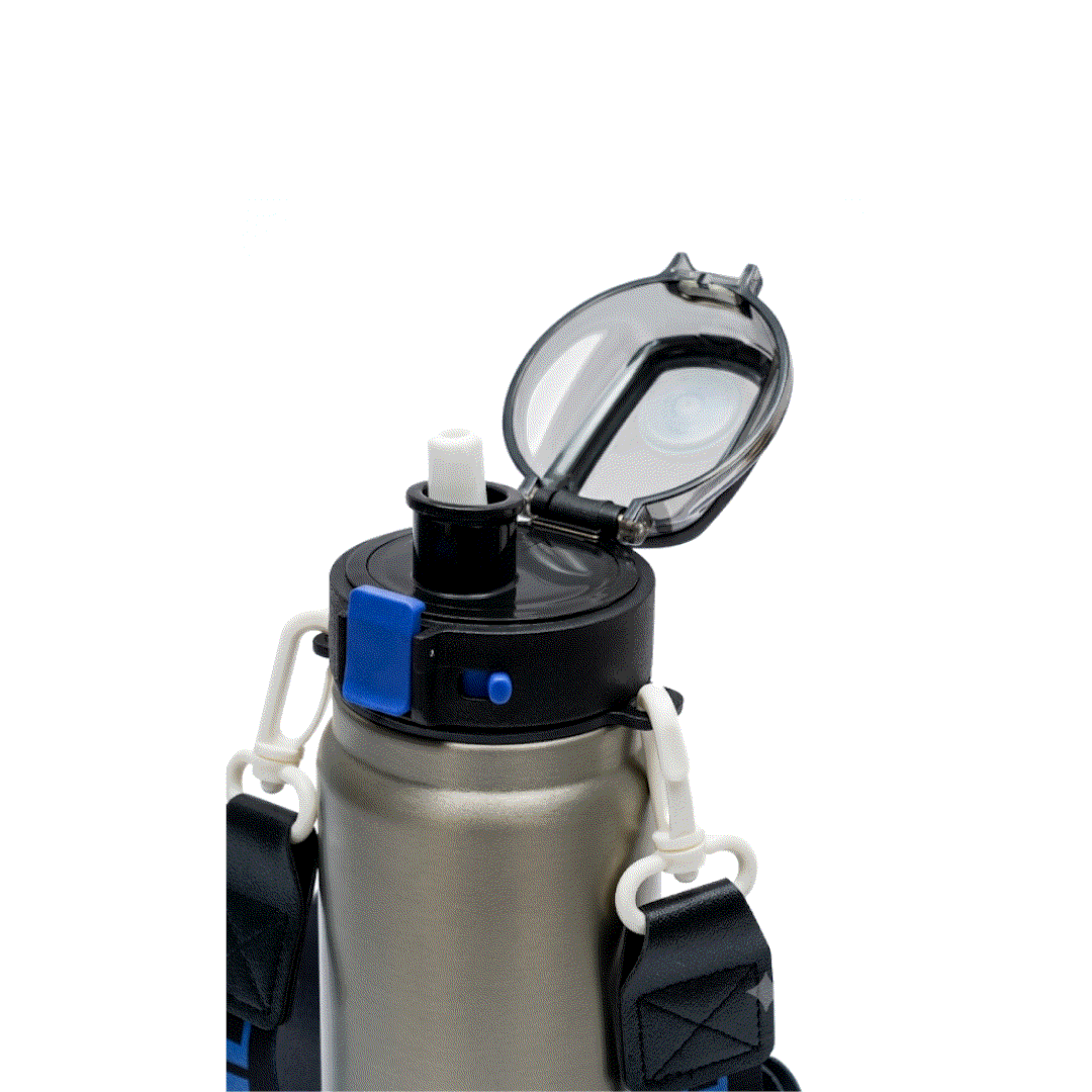 Dodge Blaze 620 black and silver stainless steel insulated water bottle with flip-top lid and carry handle