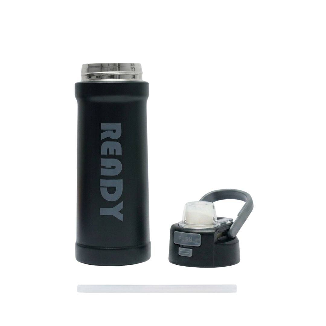 ReadyFlow bottle black and white stainless steel with flip-top lid and carry loop