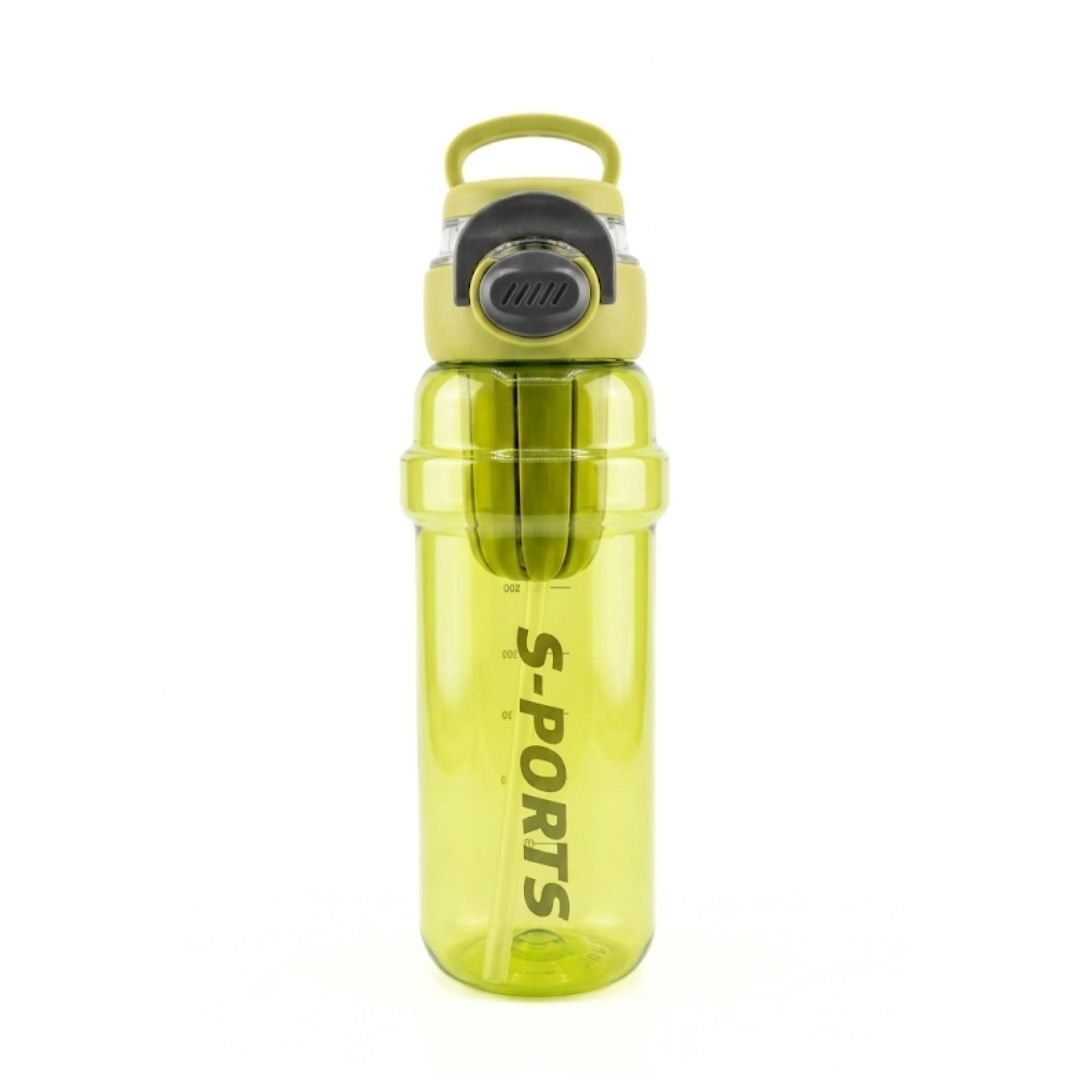 Nertz Glide high-capacity 900ml BPA-free water bottle with dual lids, removable straw, and plastic strainer in green, blue, black, and brown colors