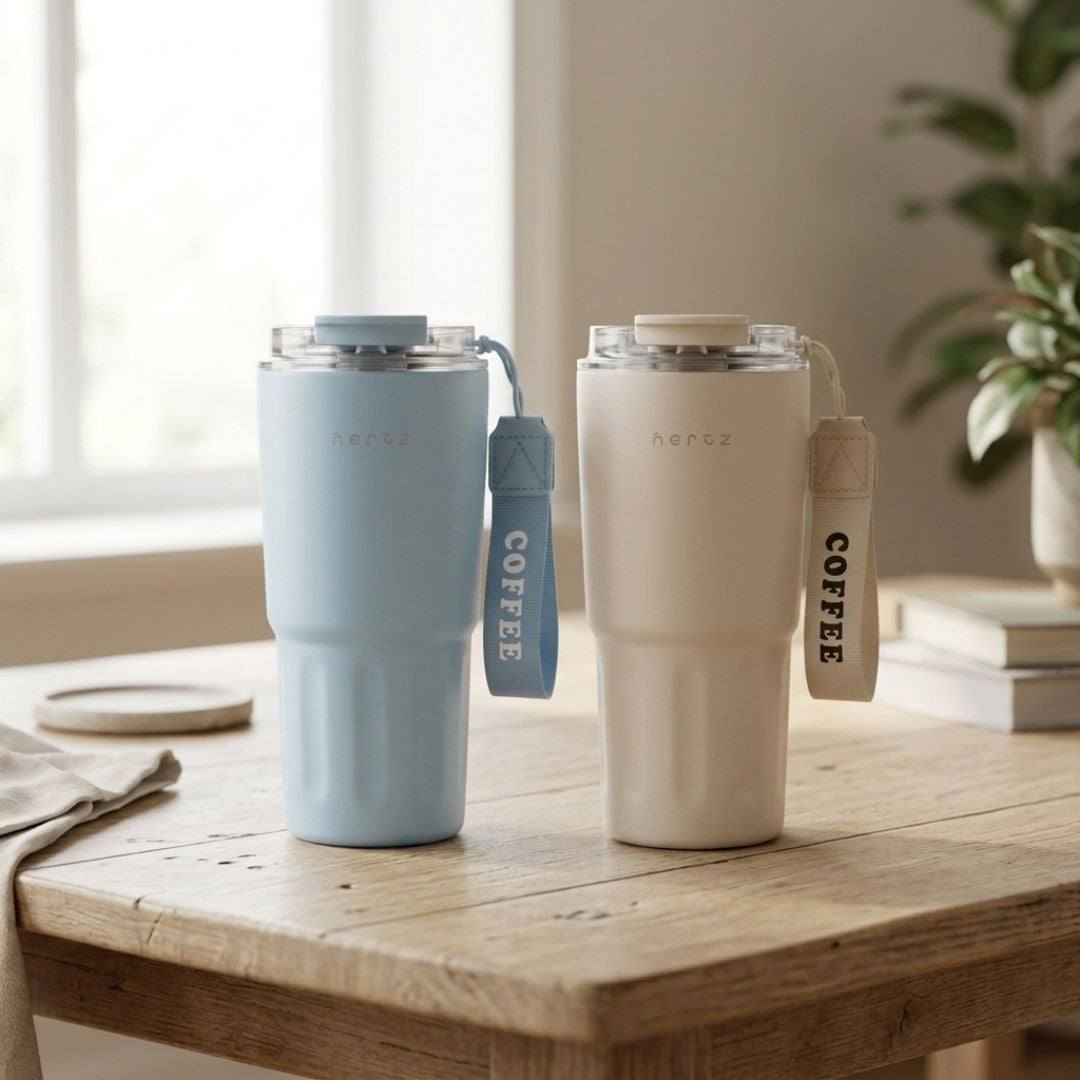 600 ml insulated stainless steel bottle with double-wall vacuum insulation and two interchangeable lids