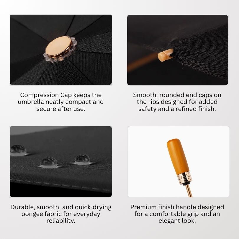 NertZ.in OakShade umbrella features: compression cap, rounded end caps, pongee fabric, and wooden handle