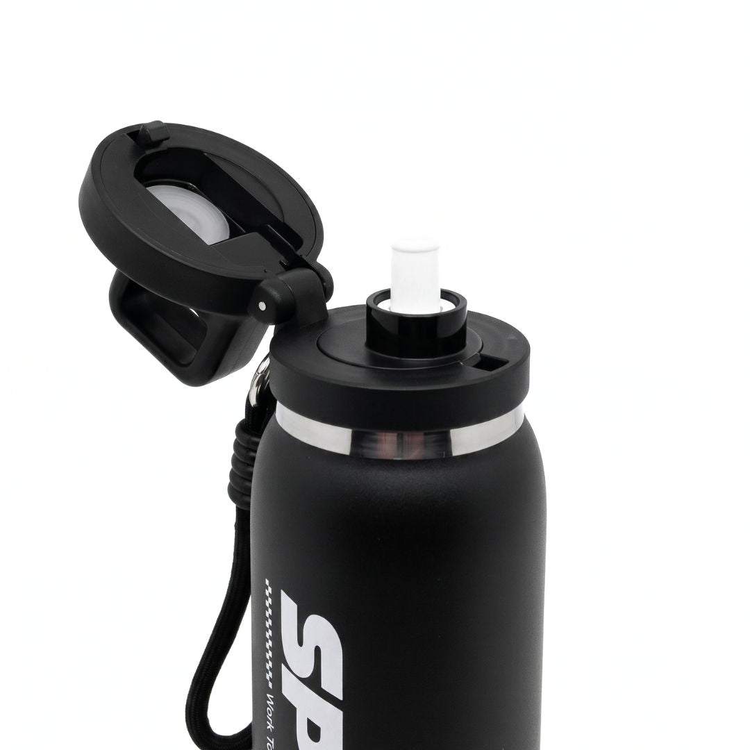 Nertz Active 600ml stainless steel insulated water bottle with flip-open lid and fabric loop handle in black.