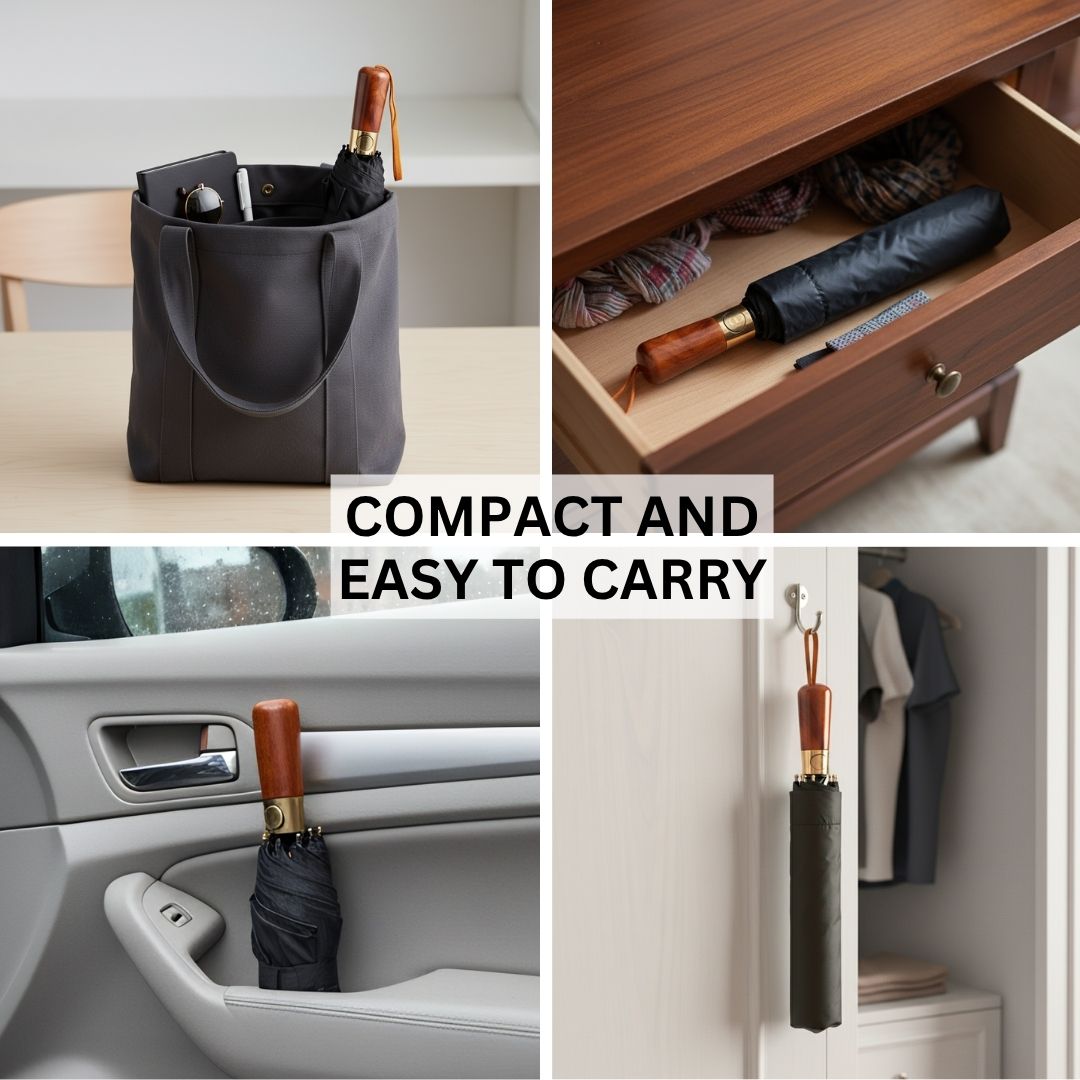 NertZ.in Royal Shield umbrella stored in a bag, drawer, car door, and hanging on a hook
