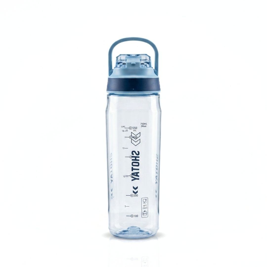 Nertz Aqua high-capacity water bottle with leak-proof flip-top lid and built-in strainer in grey and blue