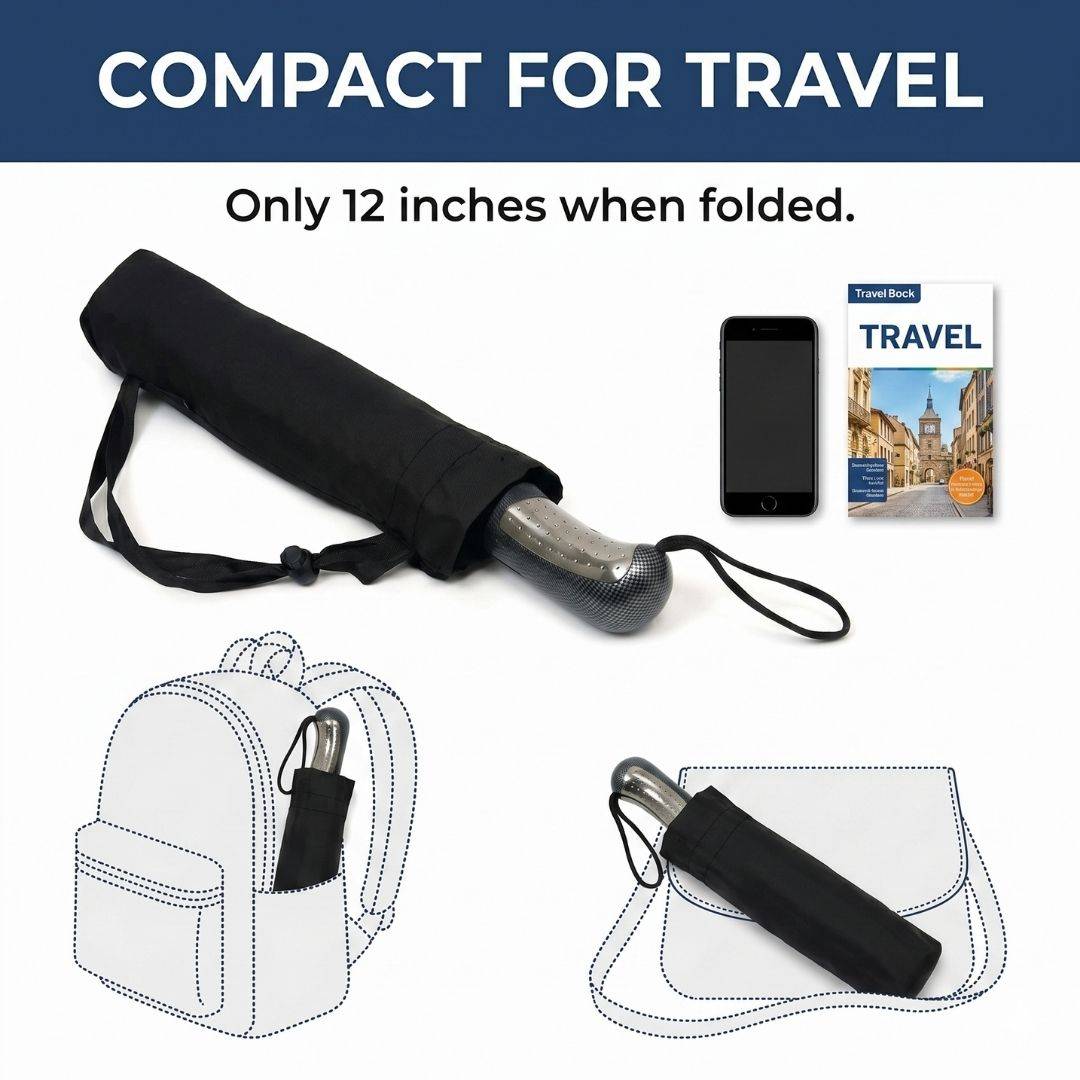 NertZ.in Cloudveil umbrella, 12 inches when folded, shown with a phone, travel book, backpack, and purse