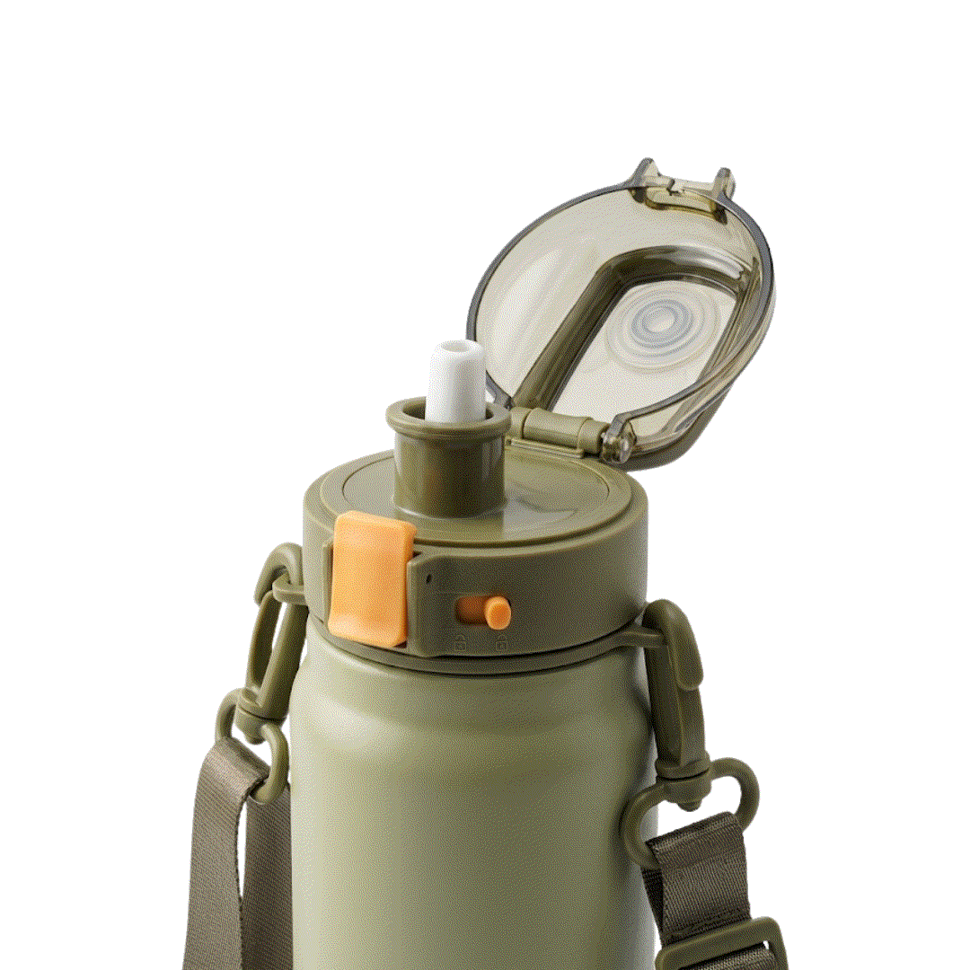 Dodge Blaze 800 stainless steel insulated water bottle with flip-top lid and carrying strap