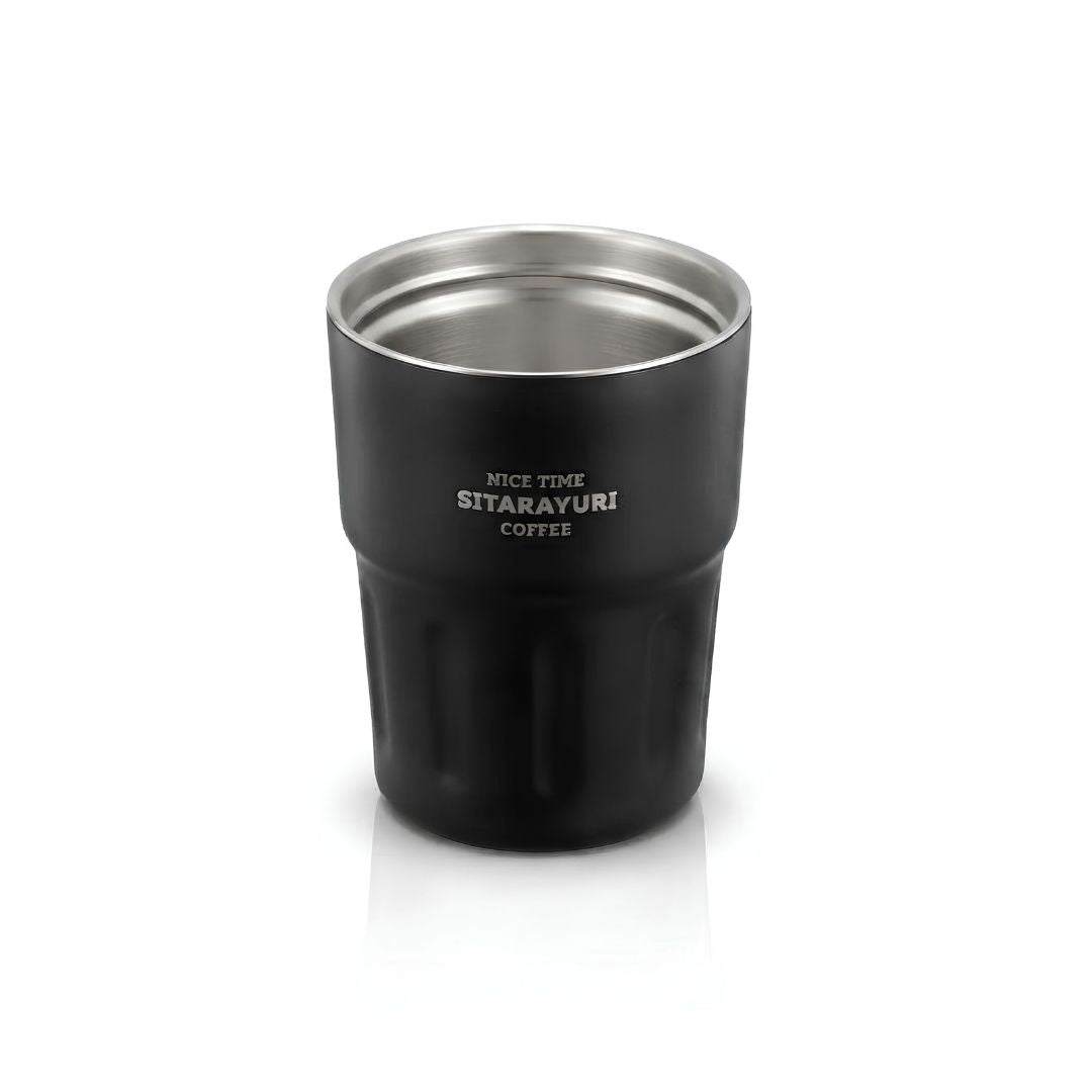 Spacious Wander Grip Mug stainless steel travel mug with flip-top lid and fabric handle for spill-free, insulated coffee sipping