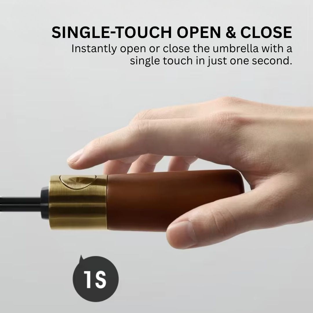 Hand pressing button on NertZ.in Royal Shield umbrella handle for single-touch open and close